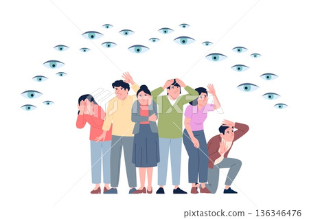 People group panic from invisible eyes. Inner fears, chase or public attitude. Men women feeling looking of eye, big boss watching, recent vector concept People group panic from invisible eyes. Inner fears, chase or public attitude. Men women feeling looking of eye, big boss watching, recent vector concept 136346476