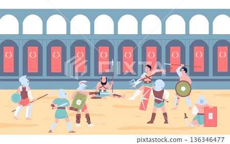 Gladiator battle on arena. Gladiators fight, ancient roman warriors in armor and with weapon. Legionaries fighting, reconstruction of historical events recent vector scene 136346477