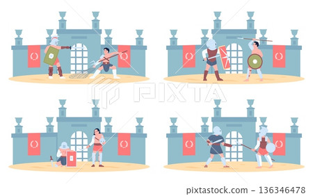Gladiator scenes. Flat gladiators fights, people with weapon and armor. Legionnaires battles, ancient roman warriors attack and defending, recent vector set 136346478