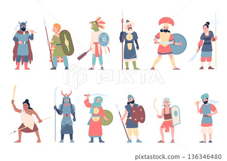 Native ethnic warriors. Multiethnic warrior characters with weapon. Scandinavian viking, african tribes, american indians and asian samurai, recent vector set 136346480
