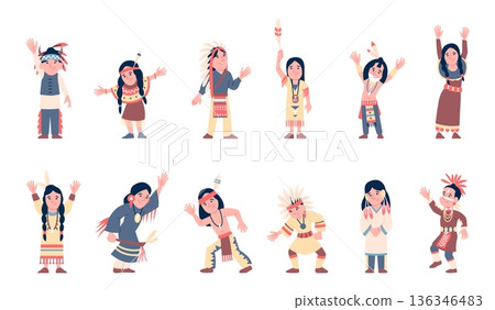 Native indian children. American indians characters wearing national costumes and accessories with feathers. Kids playing tribal, traditions recent vector clipart 136346483