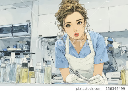 一位女士在美髮沙龍開業前做準備 | 美髮師的工作場景和開業準備圖片 136346499