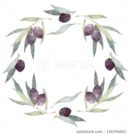 Watercolor olives circle frame background with leaves and dark berries Watercolor olives circle frame background with leaves and dark berries 136346602