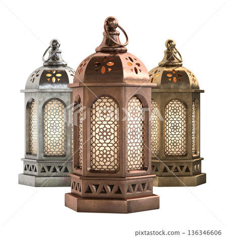 Decorative copper, brass and silver arabic lanterns isolated on white background 136346606