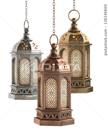 Decorative copper, brass and silver arabic lanterns isolated on white background 136346609