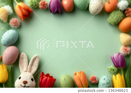Flat lay of colorful Easter eggs, vibrant tulips, and a cute bunny on a pastel green background. Easter decorations frame. 136346623
