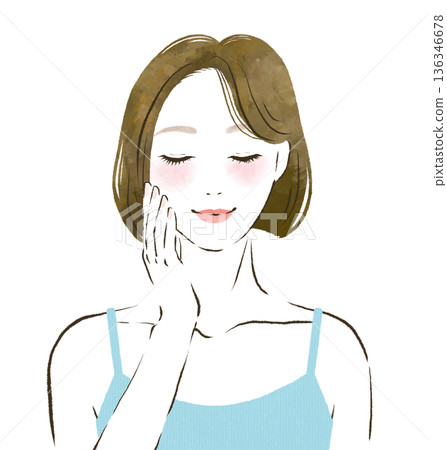 一位女子麵帶微笑,雙手輕撫臉頰,雙眼緊閉──清新美麗的畫面。 一位女子麵帶微笑,雙手輕撫臉頰,雙眼緊閉──清新美麗的畫面。 136346678