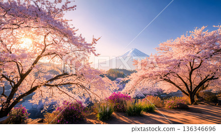 春日的陽光灑在富士山上，周圍環繞著櫻花。 136346696