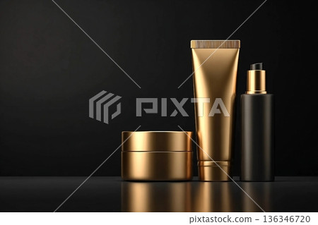 Gold beauty product containers on a black background, perfect for luxurious skincare or cosmetic branding Gold beauty product containers on a black background, perfect for luxurious skincare or cosmetic branding 136346720