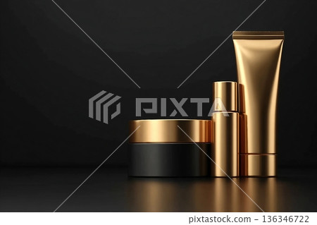 Gold beauty product containers on a black background, perfect for luxurious skincare or cosmetic branding Gold beauty product containers on a black background, perfect for luxurious skincare or cosmetic branding 136346722
