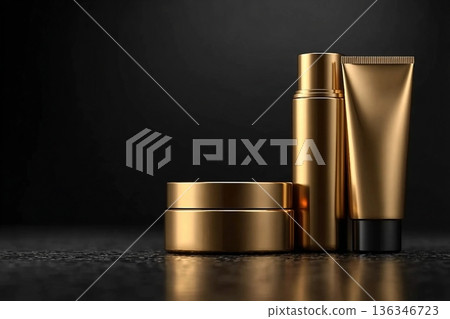 Gold beauty product containers on a black background, perfect for luxurious skincare or cosmetic branding Gold beauty product containers on a black background, perfect for luxurious skincare or cosmetic branding 136346723