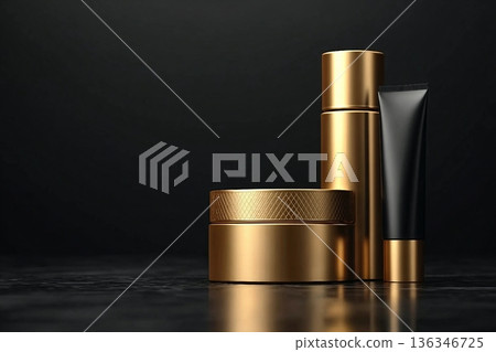 Gold beauty product containers on a black background, perfect for luxurious skincare or cosmetic branding Gold beauty product containers on a black background, perfect for luxurious skincare or cosmetic branding 136346725