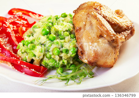 Roasted chicken with green puree and truffle Roasted chicken with green puree and truffle 136346799