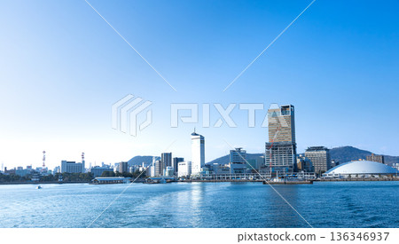 Urban scenery with skyscrapers at Takamatsu Port seen from the ferry bound for Ogijima Urban scenery with skyscrapers at Takamatsu Port seen from the ferry bound for Ogijima 136346937
