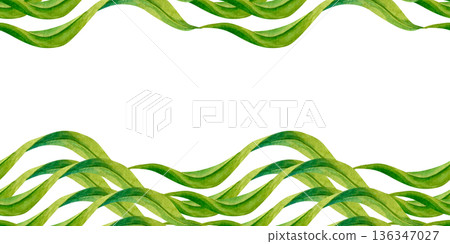 Seamless green borders with hand-drawn watercolor leaves. Botanical elements create a horizontal pattern for holydays, Easter, Mother's Day, labels, frames, greeting cards, and summer and spring decor 136347027