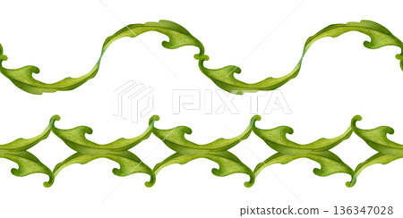 Seamless green borders with hand-drawn watercolor leaves. Botanical elements create a horizontal pattern for holydays, Easter, Mother's Day, labels, frames, greeting cards, and summer and spring decor 136347028