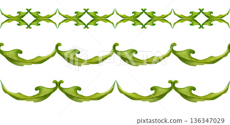 Seamless green borders with hand-drawn watercolor leaves. Botanical elements create a horizontal pattern for holydays, Easter, Mother's Day, labels, frames, greeting cards, and summer and spring decor Seamless green borders with hand-drawn watercolor leaves. Botanical elements create a horizontal pattern for holydays, Easter, Mother's Day, labels, frames, greeting cards, and summer and spring decor 136347029