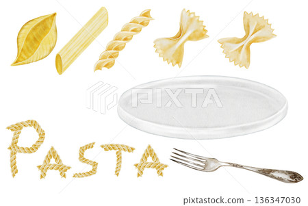 Pasta watercolor big set. Hand drawn different italian macaroni and fork, plate and inscription on white background. Food clip art. Ideal for pasta packaging, restaurant menus and posters 136347030
