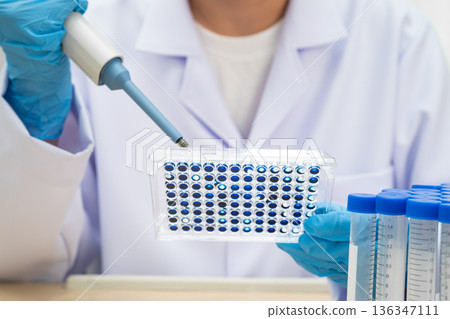 Scientist with cell culture in sample micro plate for research in science laboratory. Scientist with cell culture in sample micro plate for research in science laboratory. 136347111