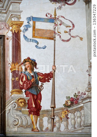 Romania, Transylvania, Sinaia, Peles Castle, courtyard, frescoes, Pearl of the Carpathians 136347229