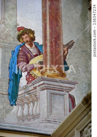 Romania, Transylvania, Sinaia, Peles Castle, courtyard, frescoes, Pearl of the Carpathians Romania, Transylvania, Sinaia, Peles Castle, courtyard, frescoes, Pearl of the Carpathians 136347234