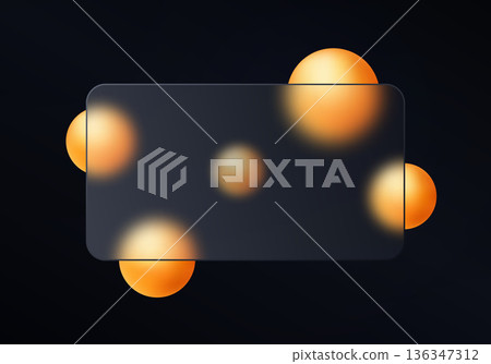 Dark glassmorphism panel with glowing orange spheres on black background 136347312