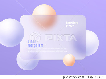 Glassmorphism landing page background with translucent panel and pastel spheres on purple gradient 136347313