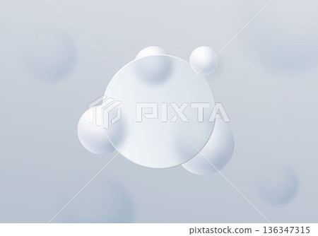 Abstract circular panel in glassmorphism style with white spheres on a light grey background. 136347315