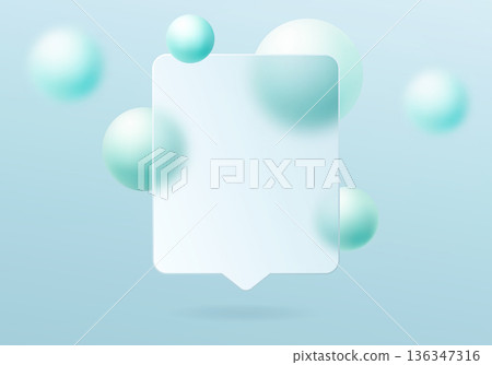 Light glassmorphism message card with mint floating spheres on pastel blue background 136347316