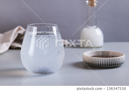 Detox coconut water with chia seeds in a glass on the table Detox coconut water with chia seeds in a glass on the table 136347530