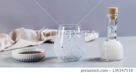 Detox coconut water with chia seeds in a glass on the table web banner 136347538