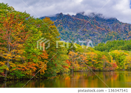 (Nagano Prefecture) Autumn reflected on the lake surface, Togakushi Plateau, Kagami Pond (Nagano Prefecture) Autumn reflected on the lake surface, Togakushi Plateau, Kagami Pond 136347541