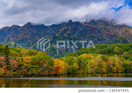 (Nagano Prefecture) Autumn reflected on the lake surface, Togakushi Plateau, Kagami Pond 136347545