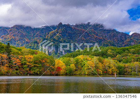 (Nagano Prefecture) Autumn reflected on the lake surface, Togakushi Plateau, Kagami Pond 136347546