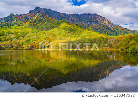 （長野縣）秋日倒映在湖面上，戶隱高原，鏡池 136347558