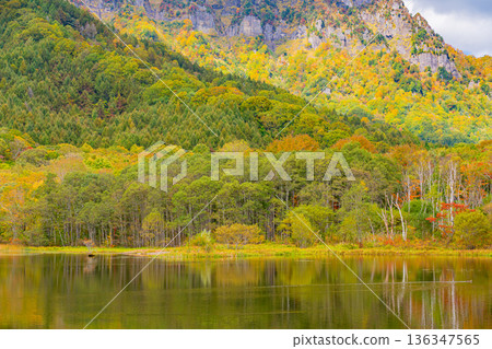 (Nagano Prefecture) Autumn reflected on the lake surface, Togakushi Plateau, Kagami Pond (Nagano Prefecture) Autumn reflected on the lake surface, Togakushi Plateau, Kagami Pond 136347565