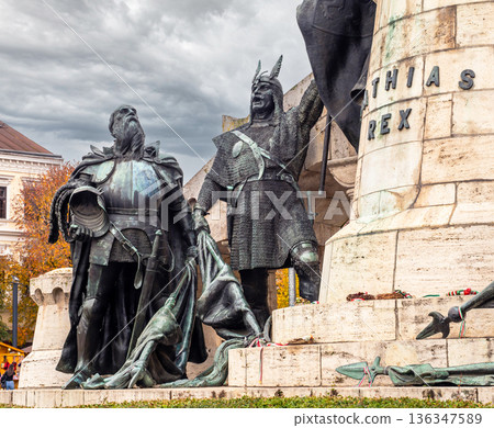 Matthias Rex Monument Close Up with Gothic Church in Cluj-Napoca 136347589