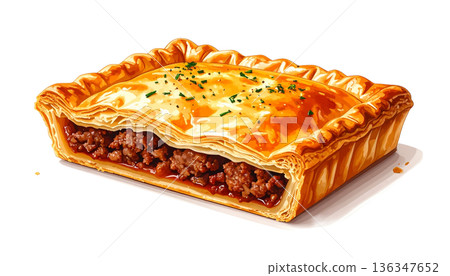 Coarse-ground sausage pie, bakery illustration 136347652