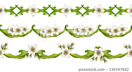 Set of seamless green borders with watercolor white flowers and leaves. Botanical horizontal pattern for holydays, Easter, Mother's Day, labels, frames, greeting cards, and summer and spring decor Set of seamless green borders with watercolor white flowers and leaves. Botanical horizontal pattern for holydays, Easter, Mother's Day, labels, frames, greeting cards, and summer and spring decor 136347682