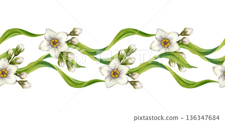 Seamless green borders with hand-drawn watercolor white flowers and leaves. Botanical horizontal pattern for holydays, Easter, Mother's Day, labels, frames, greeting cards, and summer and spring decor Seamless green borders with hand-drawn watercolor white flowers and leaves. Botanical horizontal pattern for holydays, Easter, Mother's Day, labels, frames, greeting cards, and summer and spring decor 136347684