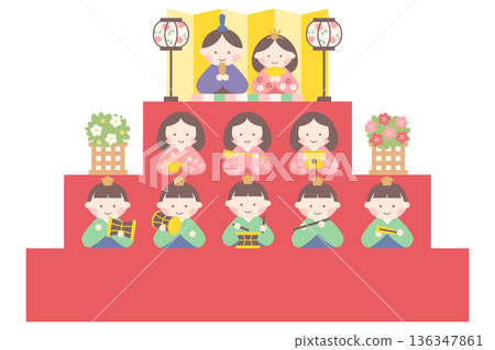 這是一幅可愛的向量插圖,描繪了為日本傳統節日女兒節(Hinamatsuri)準備的層疊式雛人偶展示。 這是一幅可愛的向量插圖,描繪了為日本傳統節日女兒節(Hinamatsuri)準備的層疊式雛人偶展示。 136347861