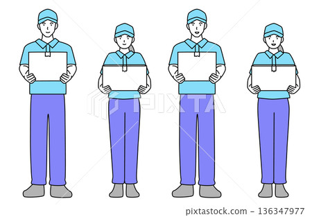 Simple line drawing vector illustration set of smiling male and female workers holding cardboard boxes, full body Simple line drawing vector illustration set of smiling male and female workers holding cardboard boxes, full body 136347977