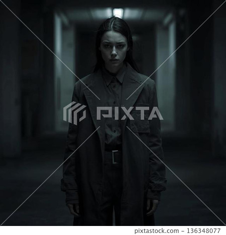 一名女子站在光線昏暗的走廊裡 136348077