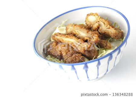 Mayonnaise and fried chicken rice bowl photographed on a white background Mayonnaise and fried chicken rice bowl photographed on a white background 136348288