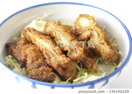 Mayonnaise and fried chicken rice bowl photographed on a white background Mayonnaise and fried chicken rice bowl photographed on a white background 136348289