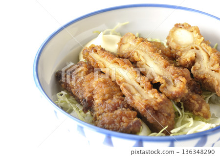 Mayonnaise and fried chicken rice bowl photographed on a white background Mayonnaise and fried chicken rice bowl photographed on a white background 136348290