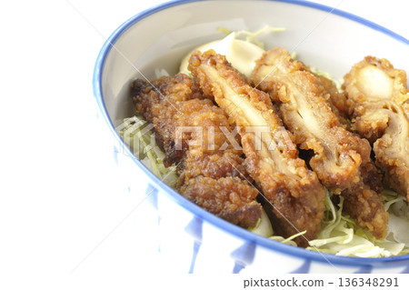Mayonnaise and fried chicken rice bowl photographed on a white background 136348291