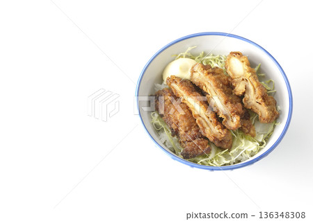 Mayonnaise and fried chicken rice bowl photographed on a white background Mayonnaise and fried chicken rice bowl photographed on a white background 136348308