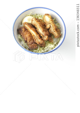Mayonnaise and fried chicken rice bowl photographed on a white background Mayonnaise and fried chicken rice bowl photographed on a white background 136348311