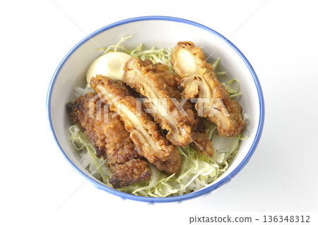 Mayonnaise and fried chicken rice bowl photographed on a white background Mayonnaise and fried chicken rice bowl photographed on a white background 136348312